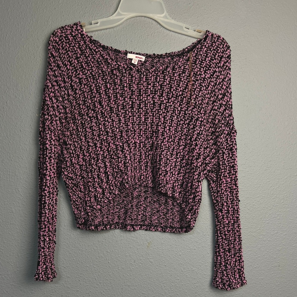 Bongo Pink Black Marled Chunky‎ Knit Crop Sweater Metallic Sparkle Womens Medium